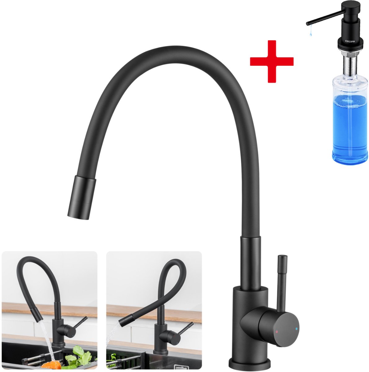 SOFETIY MAX Keukenkraan - Flexibele Keukenkraan - Met Zeepdispenser 300ML - 360° Roterende Keukenmengkraan - Mengkraan - Flexibele Slang - Zwart