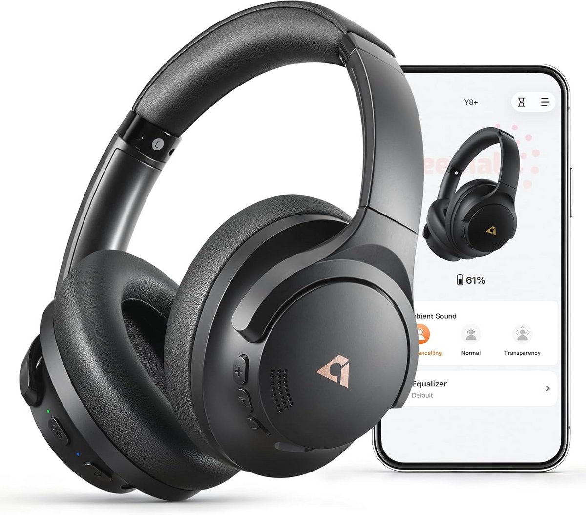 1Mii Y8+ Active Noise Cancelling Headphones, Wireless LDAC Hi-Res Audio with Adjustable EQ, 75 Hours Playtime, Over-Ear Bluetooth Headphones, Comfortable, Foldable Black