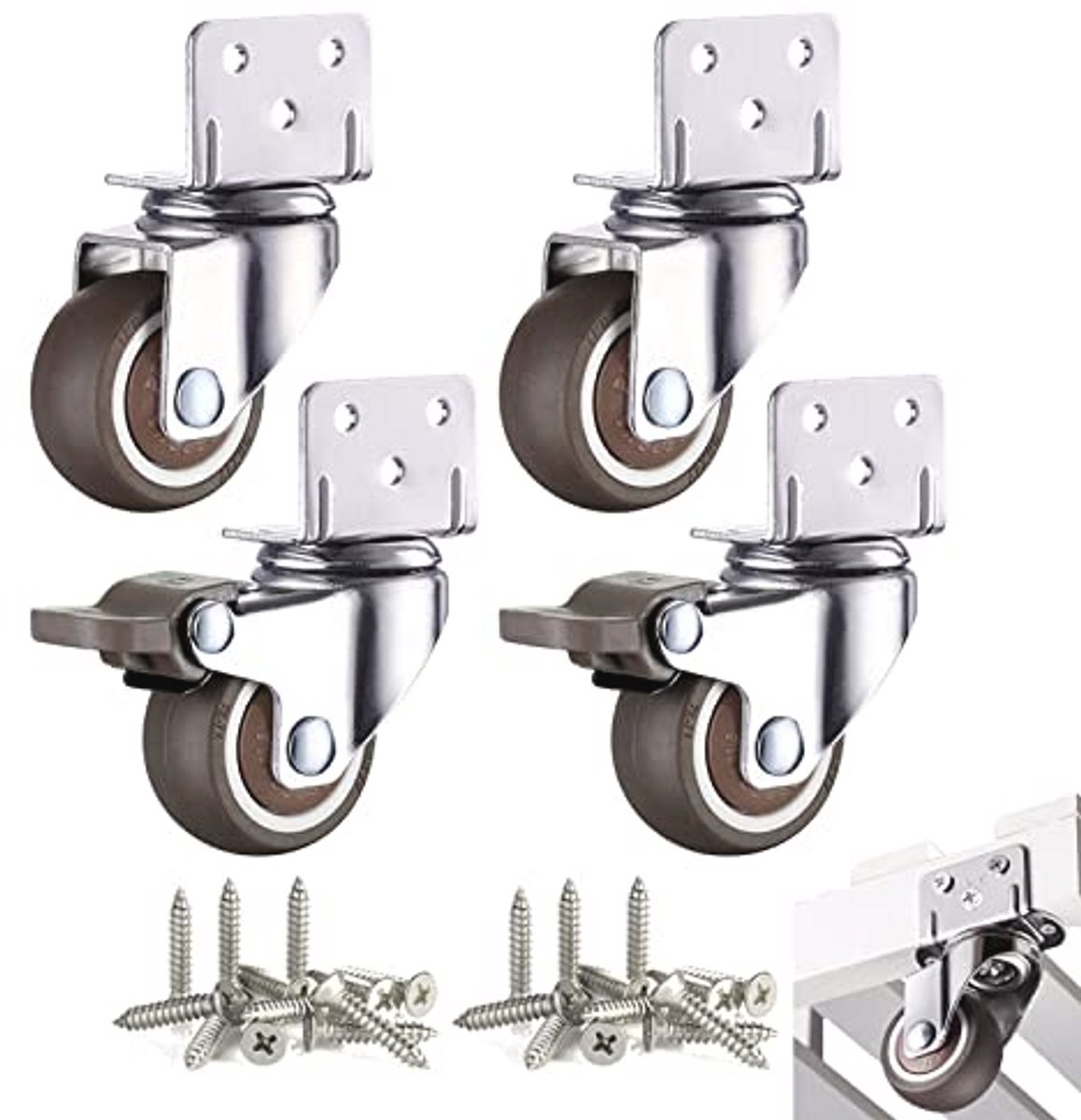 Set van 4 Meubelwielen met Rem - 25 mm L-Vormige Zwenkwielen voor Meubels, Vloerbeschermend en Geluidsarm