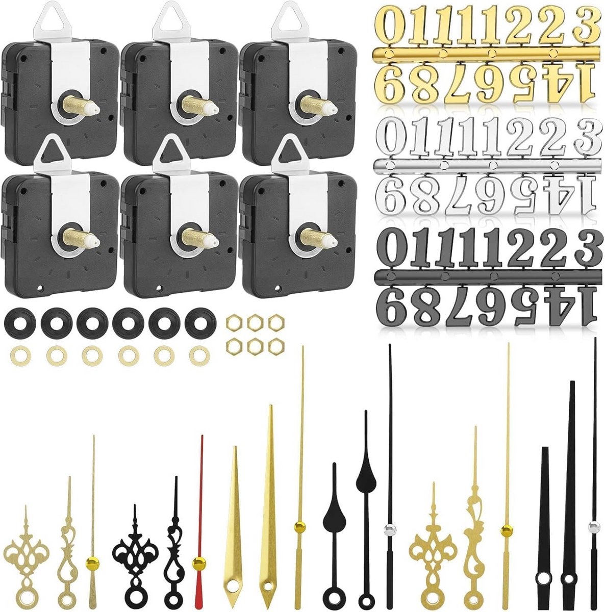 Quartz Klokmechanismen Set met Wijzers en Cijfers voor Klokkenmakerij - 6 Delen