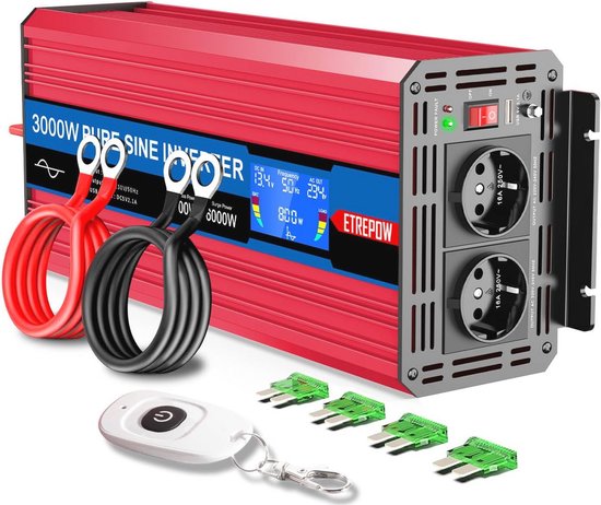 Omvormer 12V naar 230V Zuivere Sinus 3000W met 2 EU Stopcontacten en USB-interface