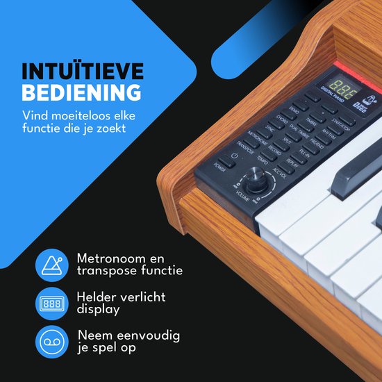 Close-up van het bedieningspaneel van een digitale piano met houten afwerking: display, volumeknop, functies.