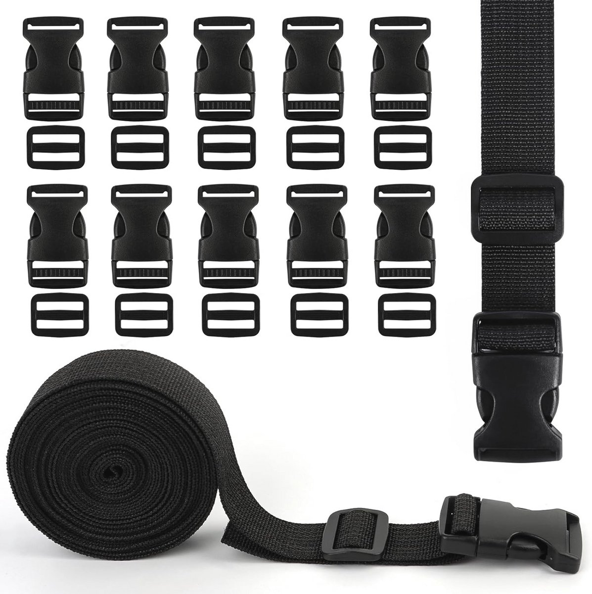 Duurzame 5M Nylon Singelband 25mm - Zwart - Met Zij-Ontgrendeling Gesp - 10 Stuks - Perfect voor Bagage en Tasbevestiging