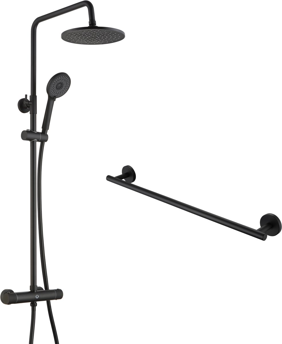 CECIPA Max Regendouche met Thermostaatkraan - Doucheset Zwart - Met 60cm Handdoekhouder - Regendoucheset met 4-functie handdouche - Verstelbare Hoogte 83-113cm - Zwart