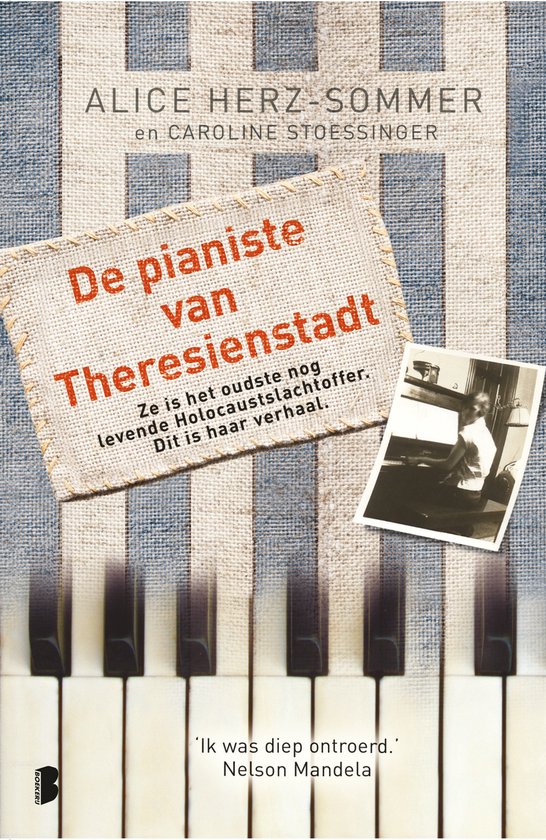 Boekomslag 'De pianiste van Theresienstadt' met gestreepte achtergrond, pianotoetsen en een foto.