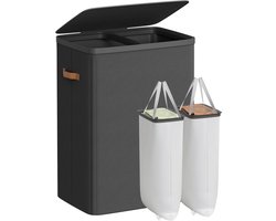 Grote Wasmand 170L – 2-vaks Wassorteerder – Met Deksel & Afneembare Binnenzakken - Zwart - 56x40x75 cm