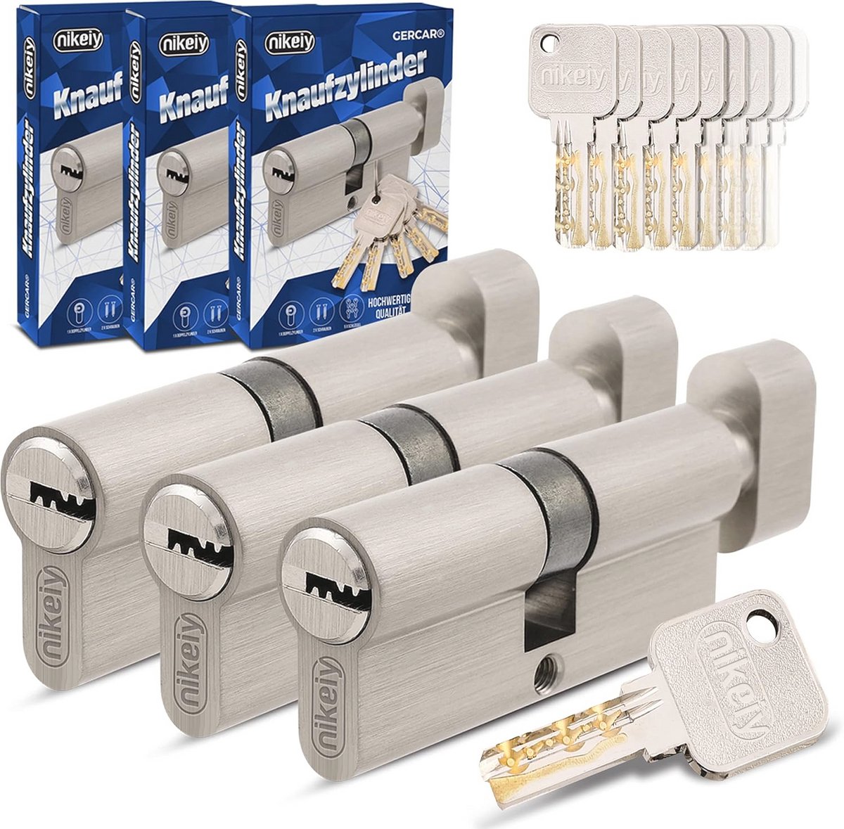 Gelijksluitende Cilindersloten Set met Knop - 3 x 60 mm Deursloten inclusief 15 Sleutels