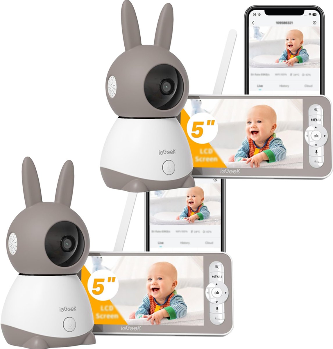 Babyfoon met Full HD camera - 5.0 Inch HD Baby Monitor - 2K 3MPx Camera - Touchscreen Monitor- & Gratis App - Ultrahelder Nachtzicht – Pan-Tilt – 4× Zoom - 2 stuks