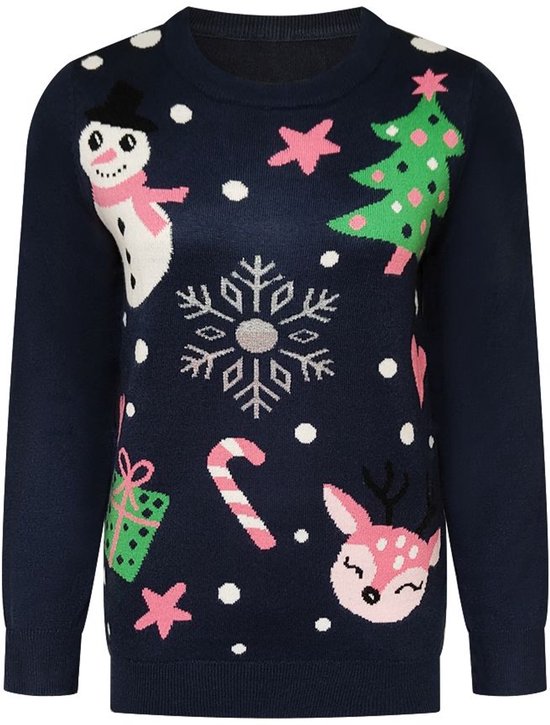 Kersttrui Sneeuwpop Kerstboom Donkerblauw - Dames - Maat M