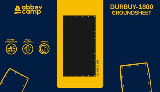 Gele en donkerblauwe verpakking van Abbey Camp met productinformatie en afbeelding van een zwart grondzeil 600x300cm.