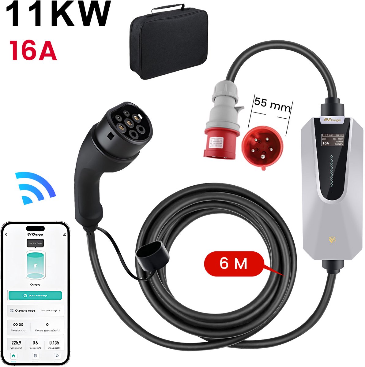 Hexinex Draagbare 11kW 3-Fase EV Laadkabel - APP-besturing