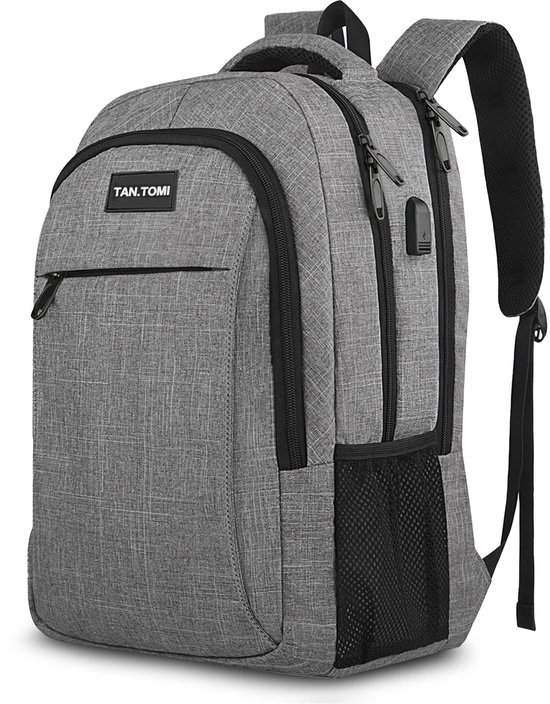 TAN.TOMI Rugzak - 36L - 17.3 inch - Laptoptas - Schooltas - Heren en Dames - Jongens en Meisjes - USB Oplaadpoort - Waterafstotend - Grote Capaciteit - Lichtgewicht - Casual Travel - Grijs