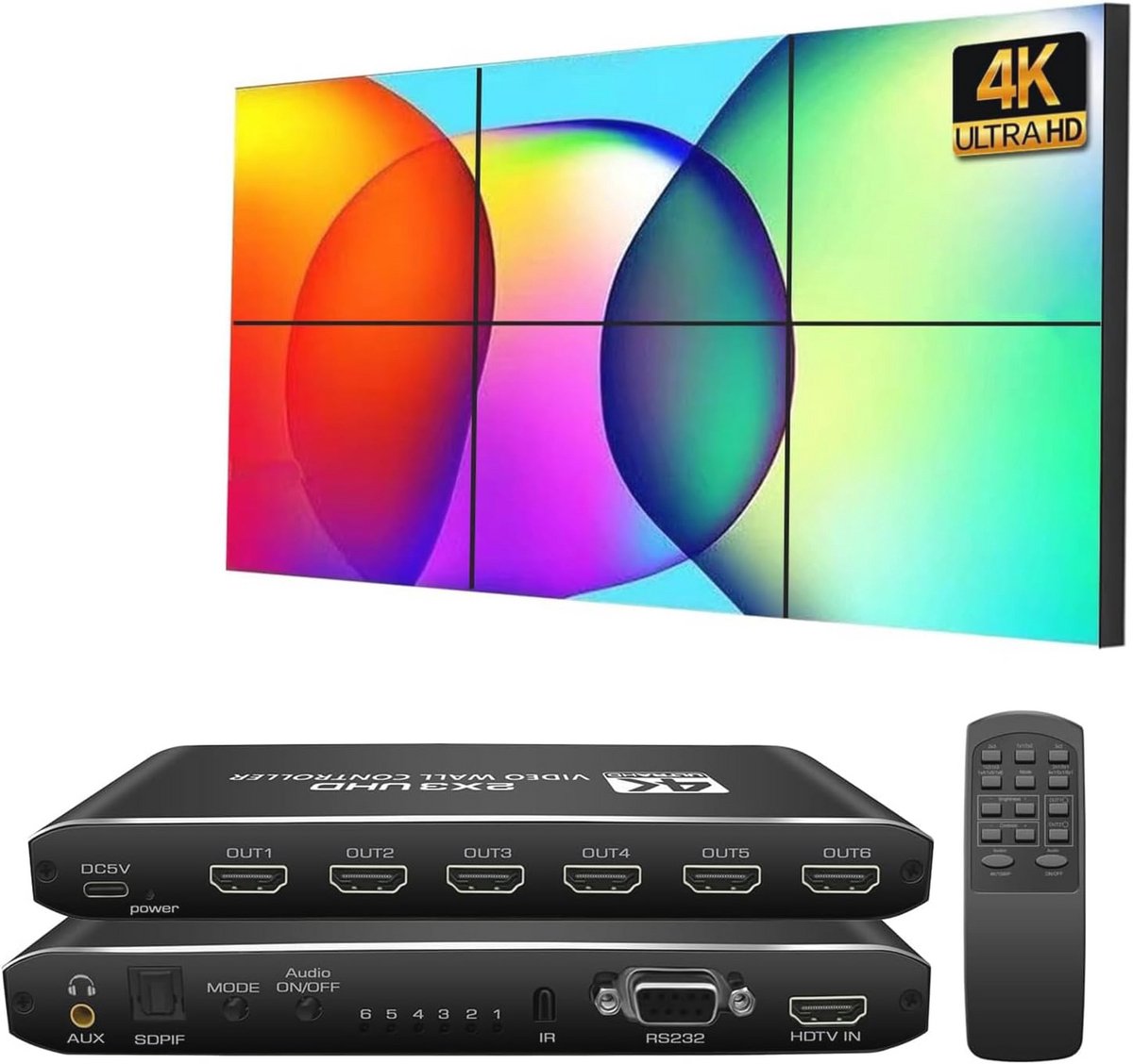 Video Wall Controller 2x3 4K voor 6 Schermen - HDMI & DVI Ingangen, IR Afstandsbediening en Rotatie