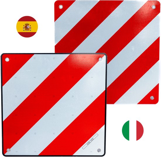 Twee vierkante borden met rode en witte diagonale reflecterende banen, naast Spaanse en Italiaanse vlaggen.