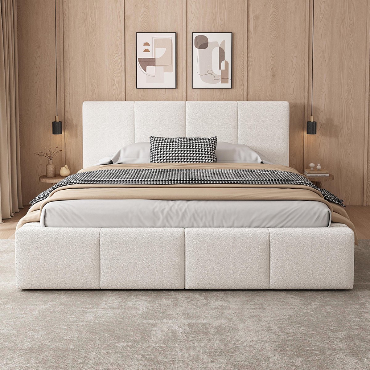 KOMHTOM BLACKCOLORS Gestoffeerd bed, tweepersoonsbed, 180 x 200 cm, bed met lattenbodem, hoofdeinde, gestoffeerd hoofdeinde, beige bouclé