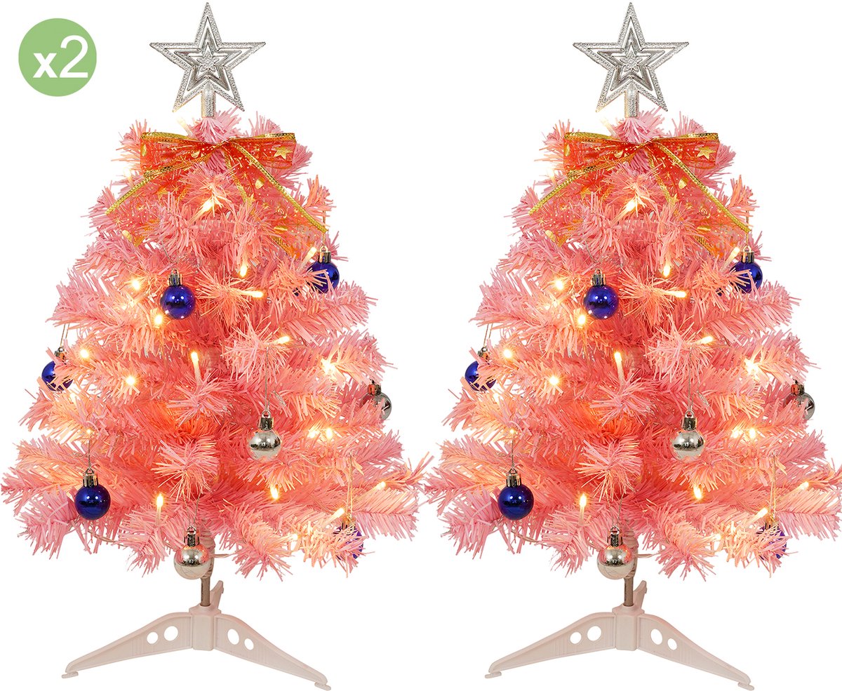 Uten Luxe uitvoering Mini Kerstboom - mini kerstboompje met verlichting - 30 lampen - Mini kerstboom met decoratie - 15 mini Kerstballen - kleine kerstboom - H55 x Ø37 cm - 2 stuks