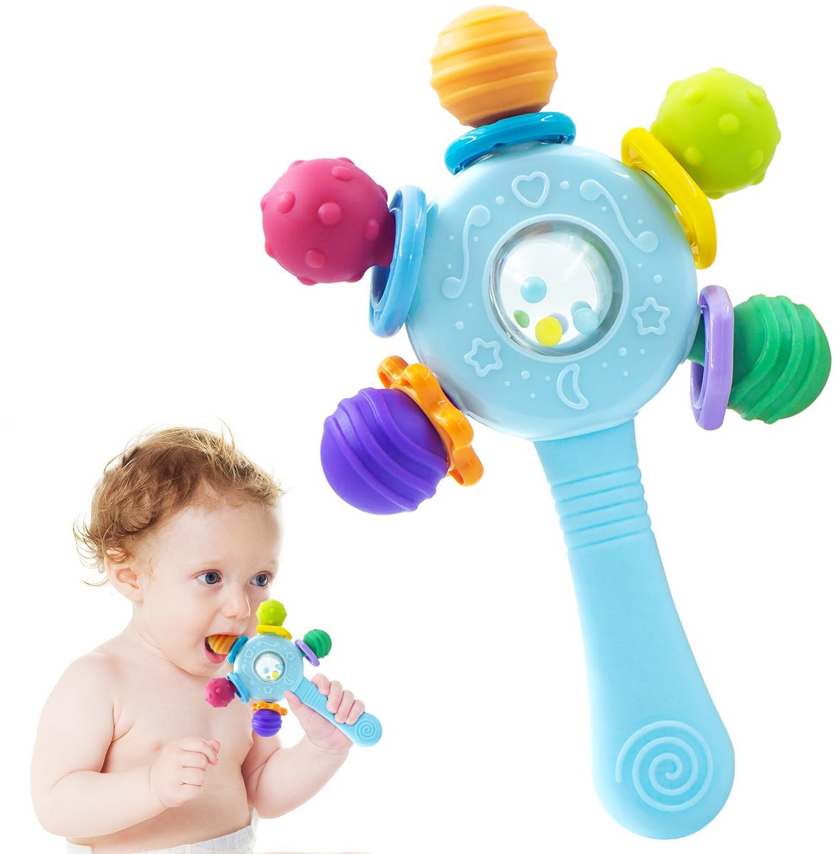 Kraftverdia Baby Bijtring Speelgoed – Sensorisch Bijtspeeltje voor Baby’s – Kauw & Schud Speeltje – Baby Troost Speelgoed – Vroegschoolse Educatie – 3-12 Maanden – Blauw