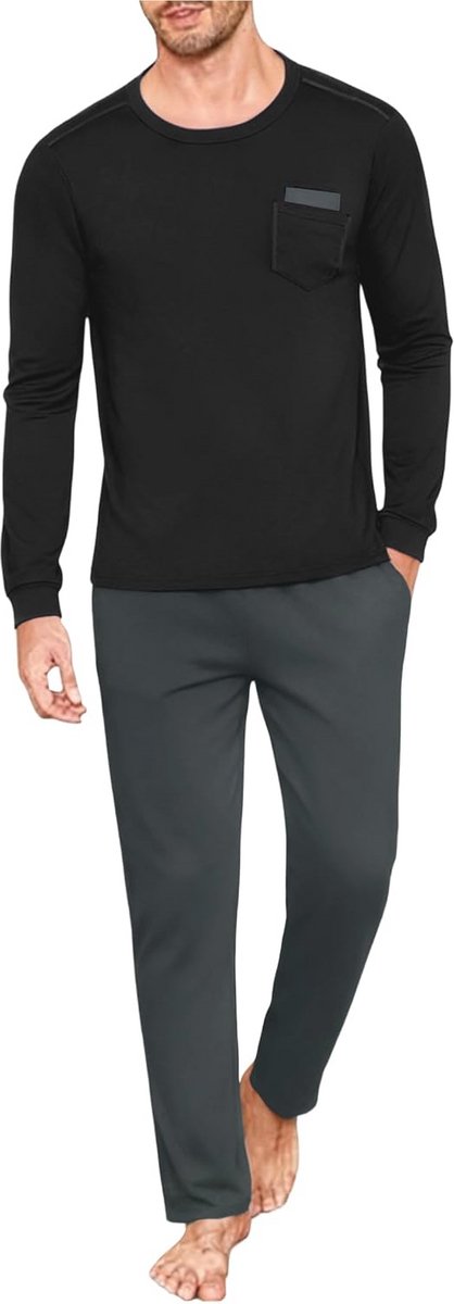 Heren Pyjama Set Lang Winter Katoen 2-Delige Crew Neck Nachtkleding