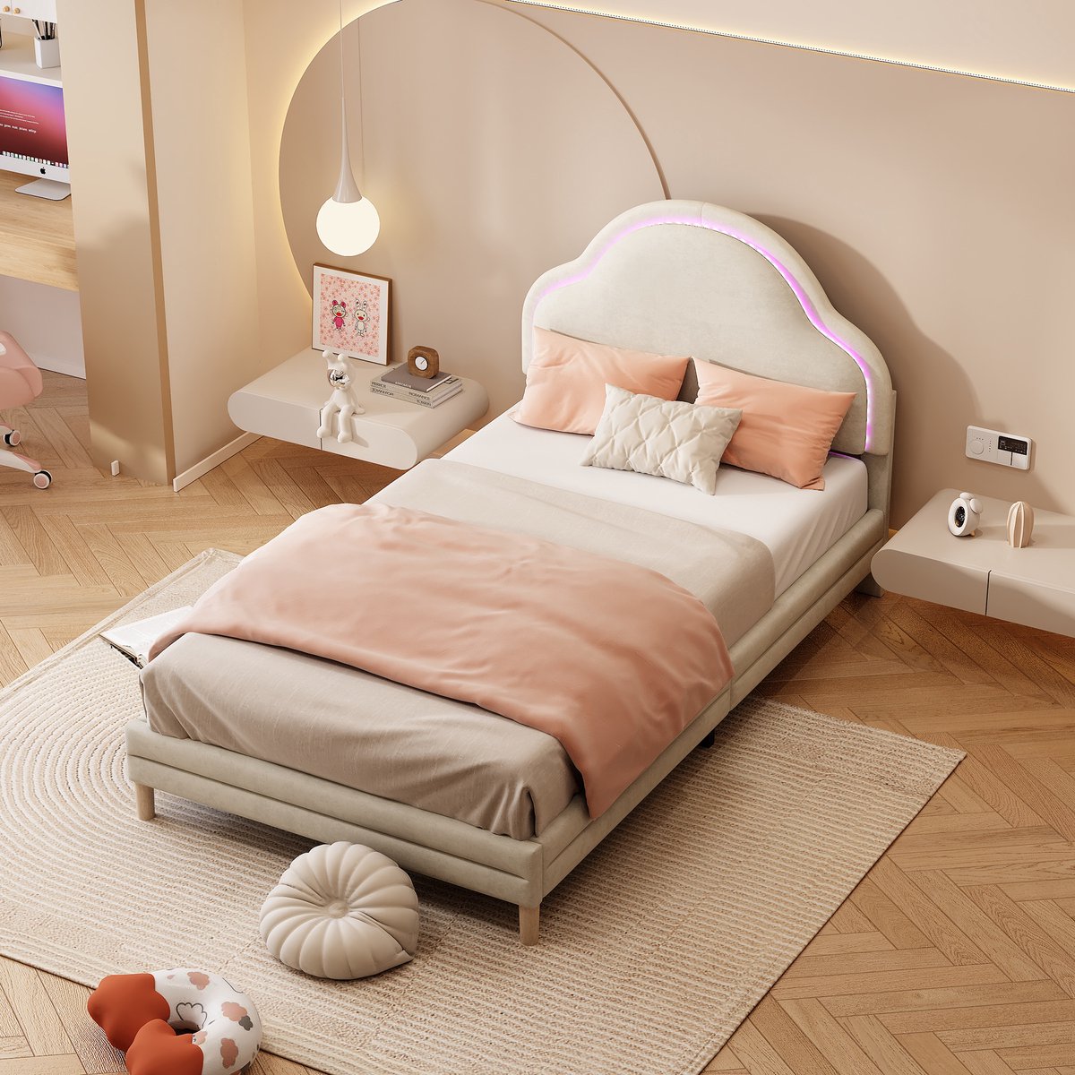 OKWISH Gestoffeerd Bed 90x200 - Eenpersoonsbed Met LED Licht En Wolkdesign Hoofdbord - Inc