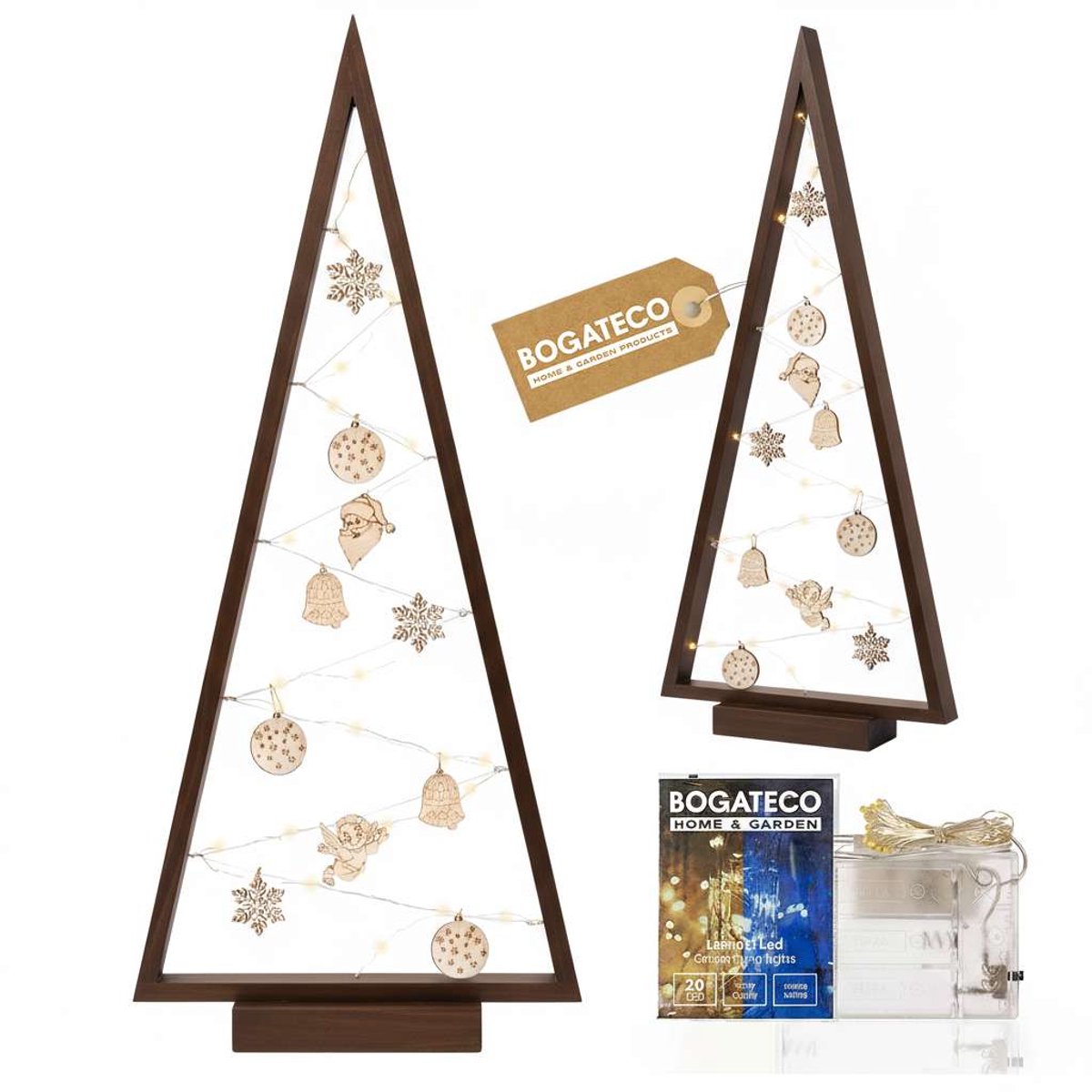 BOGATECO Kerstboom van hout met LED 104cm hoog grijs | Inclusief houten decoratie | Kerstversiering | 100 LED's | Donkerbruin