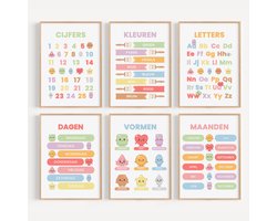 Alfabet Poster Set – 6 Educatieve Kinderkamer Posters (Letters leren, Cijfers leren & Kleuren, A4, Biotop 300 g/m²) - Studio Miron