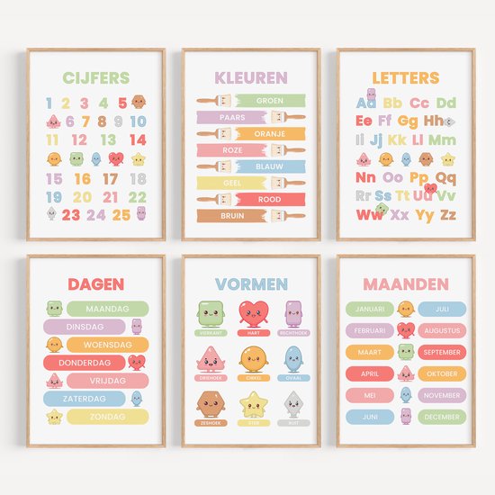 Studio Miron – Affiches pour enfants Premium Fine Art Kawaii – Apprendre avec les couleurs, les formes et les lettres ( Set de 6 pièces avec cadre)