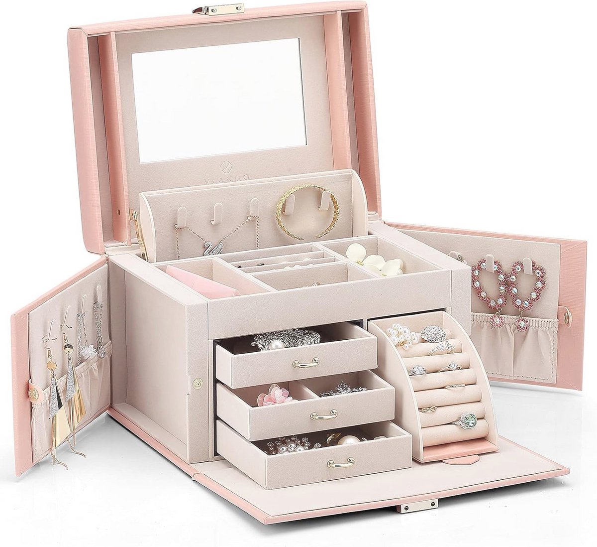 Grote Sieradenbox met 4 Niveaus voor Dames - Sieradenopslag met Laden voor Armbanden, Oorbellen, Ringen en Halskettingen