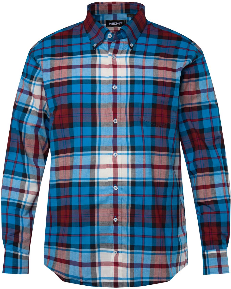 Men Plus - Heren - Geruit overhemd lange mouwen buttondown-kraag - Azuurblauw - Maat 3XL