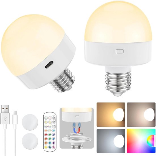 Oplaadbare E14 USB-C Lamp met Afstandsbediening - Dimbare RGB Lamp zonder Stroom - 2 Stuks