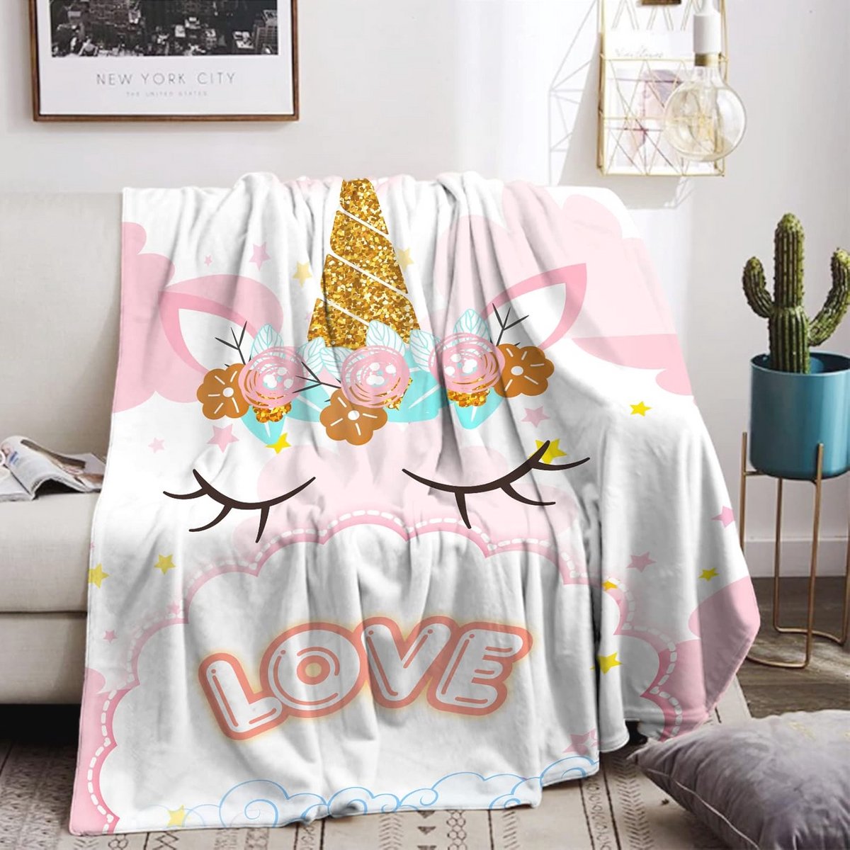 Roze Eenhoorndeken voor Kinderen - Zachte Knuffeldeken en Woondeken - 130 x 150 cm