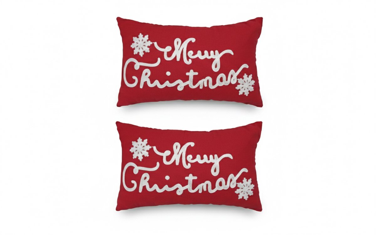 Kerstkussen Set van 2 Kussenhoezen Rechthoek - Kerst Kussenhoes - Kussenhoesjes - Geborduurd Vrolijk Kerstfeest - 30x50 cm - Katoen - Voor Binnen - Rood/Wit - Zonder Binnenkussen – foto 2