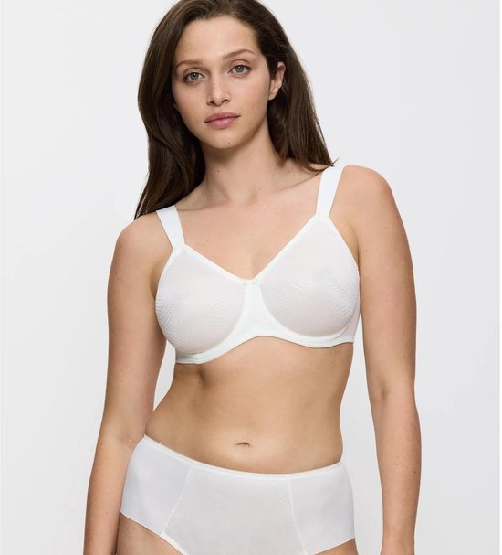 Soutien-gorge blanc avec un motif ondulé, porté sur un mannequin.