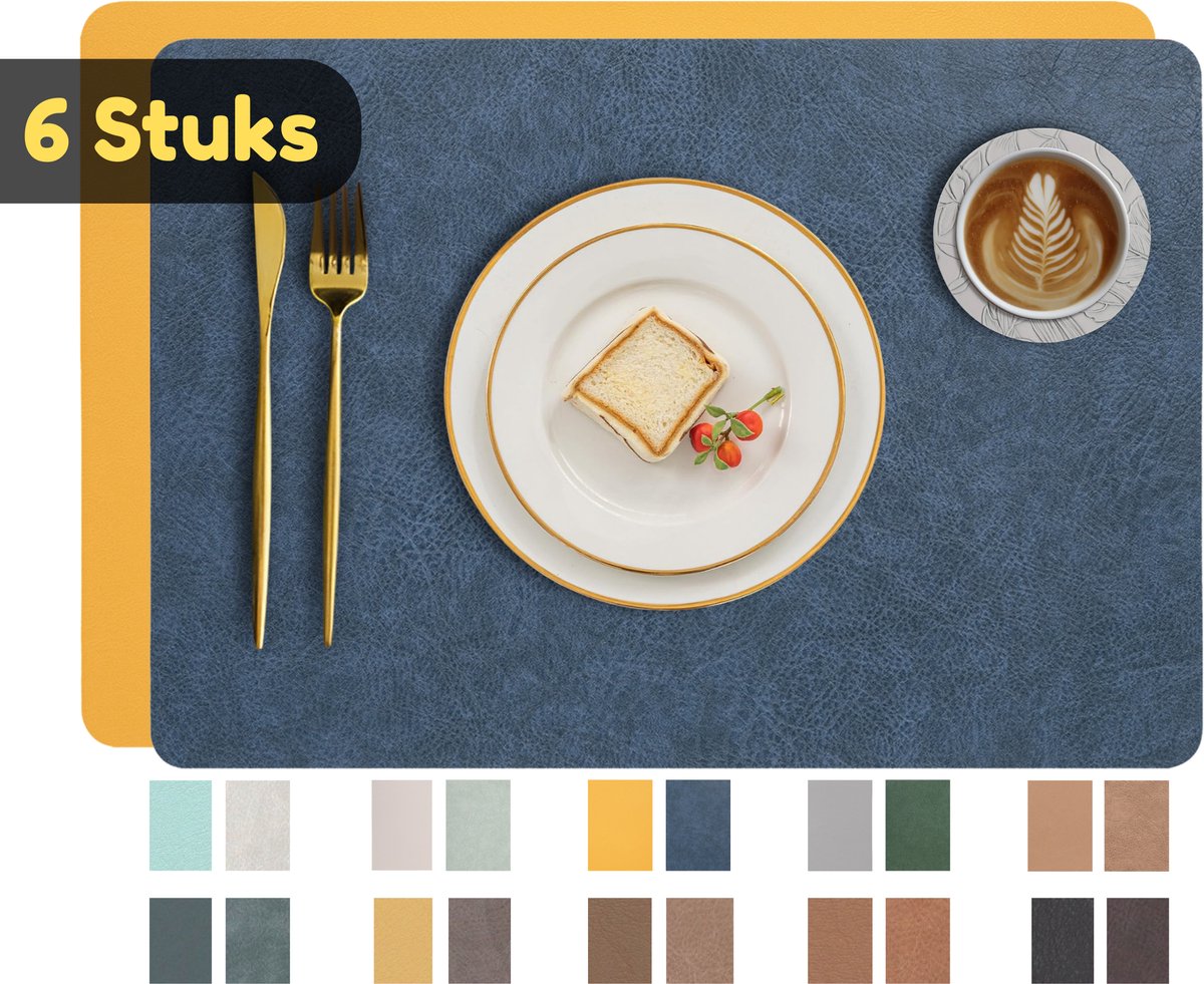 Placemats – Set van 6 – Dubbelzijdig en Antislip – Waterafstotende Onderleggers van Kunstleer Lederlook – Onderzetters – 45 x 30 cm– Blauw / Geel