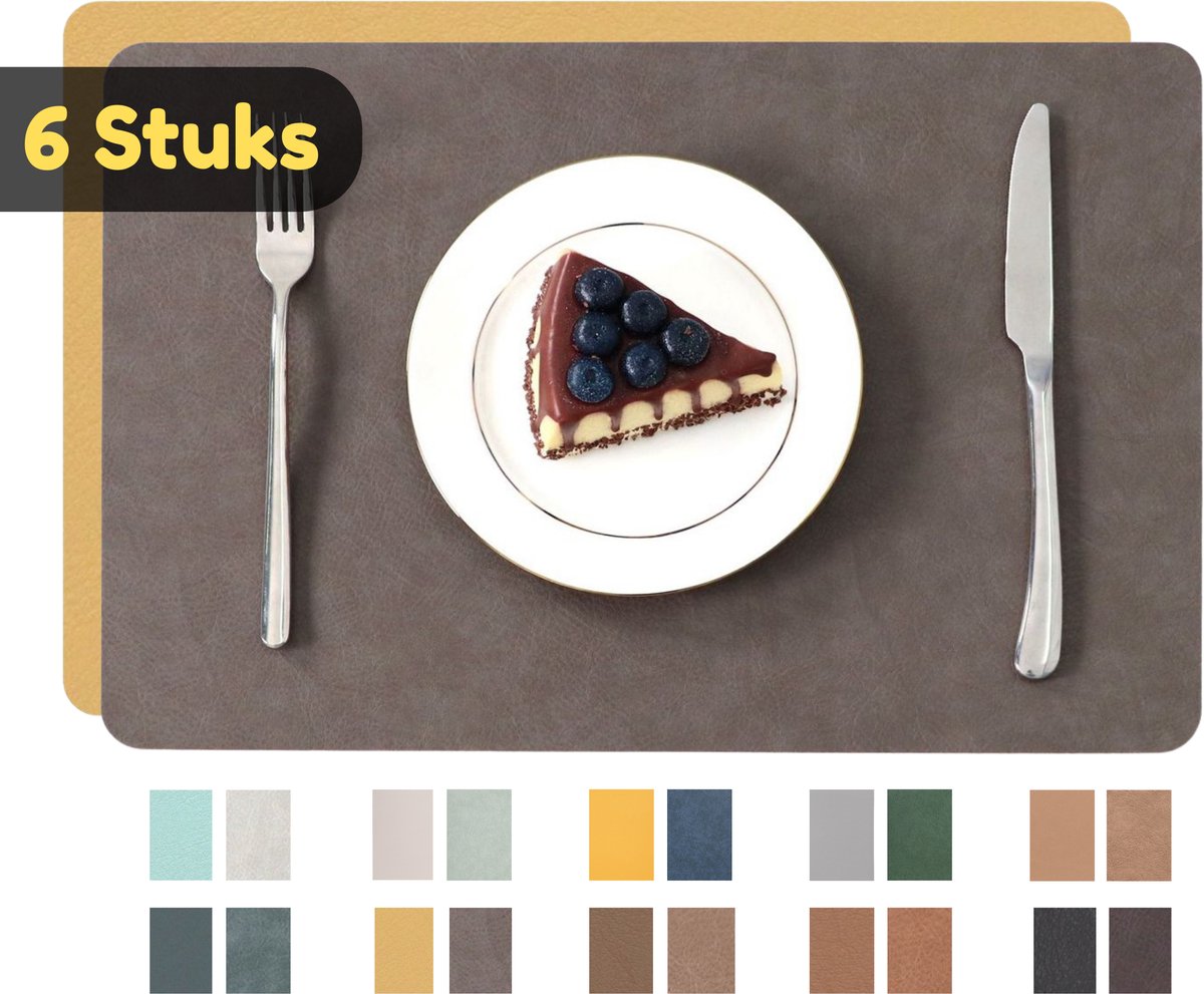 Placemats – Set van 6 – Dubbelzijdig en Antislip – Waterafstotende Onderleggers van Kunstleer Lederlook – Onderzetters – 45 x 30 cm– Thee bruin / Kurkuma