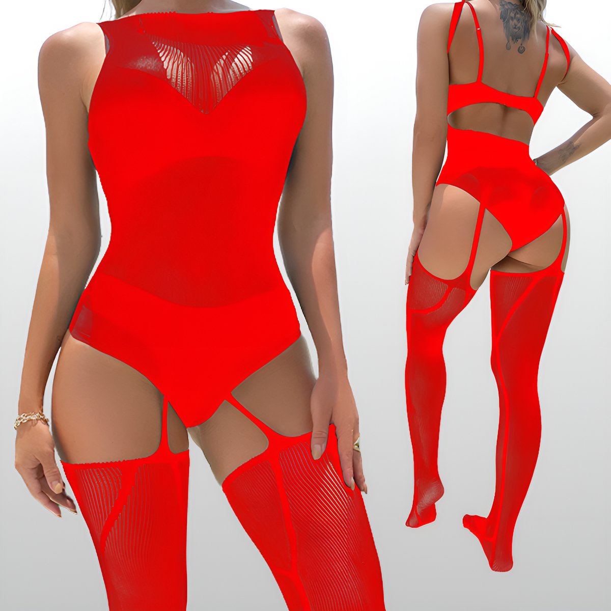 Sexy Lingerie Bodystocking Rood - Transparant Visnet Met Jarretel Look - One Size S-L (36-40) | LS402