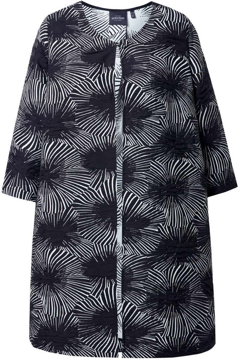 Ulla Popken - Dames - Jacquard jas A-lijn ronde hals 3/4-mouwen - Zwart - Maat 42+