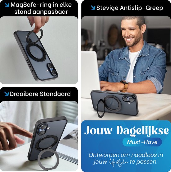 Étui Reovo compatible avec iPhone 17 MagSafe - Support à 360° - Protection contre les chutes jusqu'à 2 m - Zwart - Prise en main antidérapante - Protection de l'appareil photo
