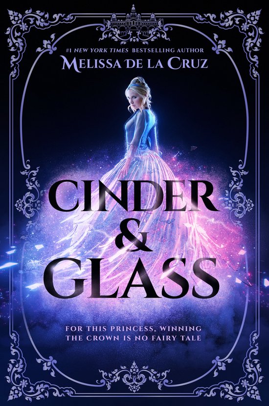 Boekomslag van Cinder & Glass met een vrouw in een sprankelende blauwe jurk, getiteld "CINDER & GLASS".
