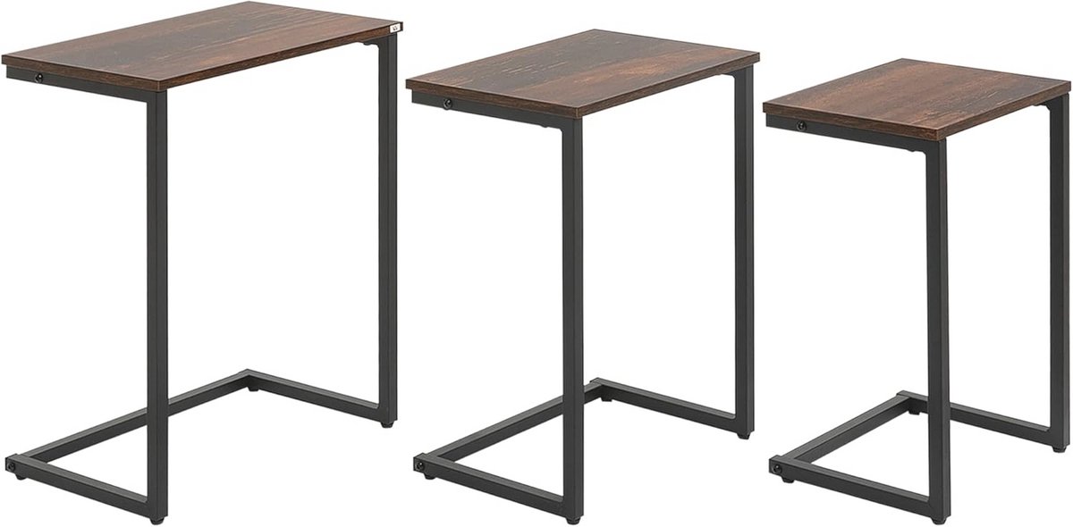 Set van 3 Nesttafels voor Bank of Bed - C-Vormige Bijzettafels met Stalen Frame, Rustiek Bruin