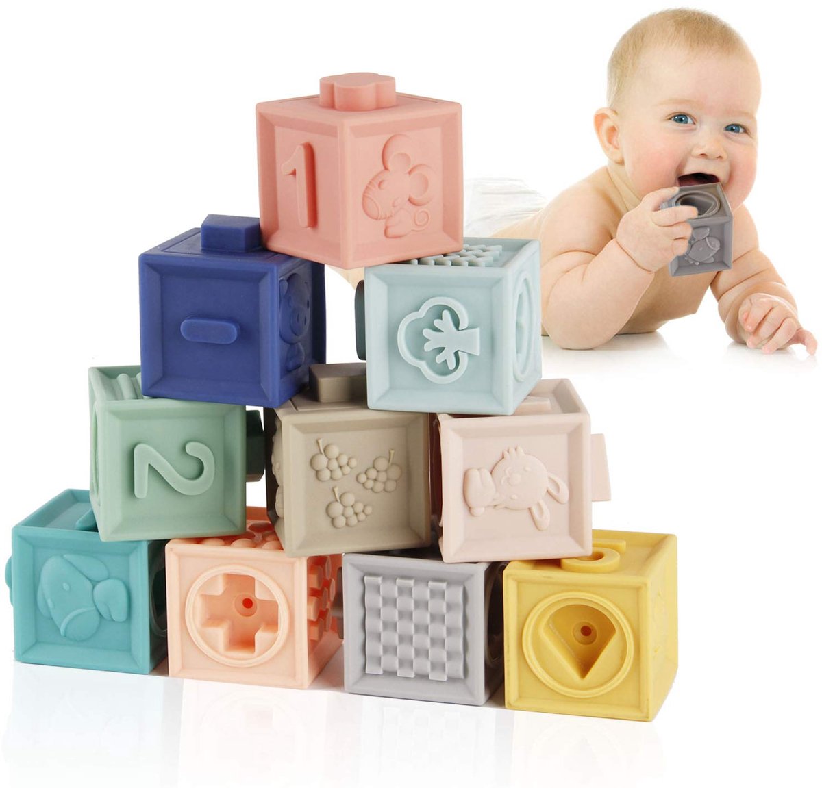 Kraftverdia - Mini aardappel baby zacht bouwblok speelgoed - Jenga bouwsteen speelgoed - Baby-bijtspeeltjes - Het bevat getallen, dieren, vormen en texturen - Geschikt voor baby's vanaf 6 maanden - 12 Verpakking