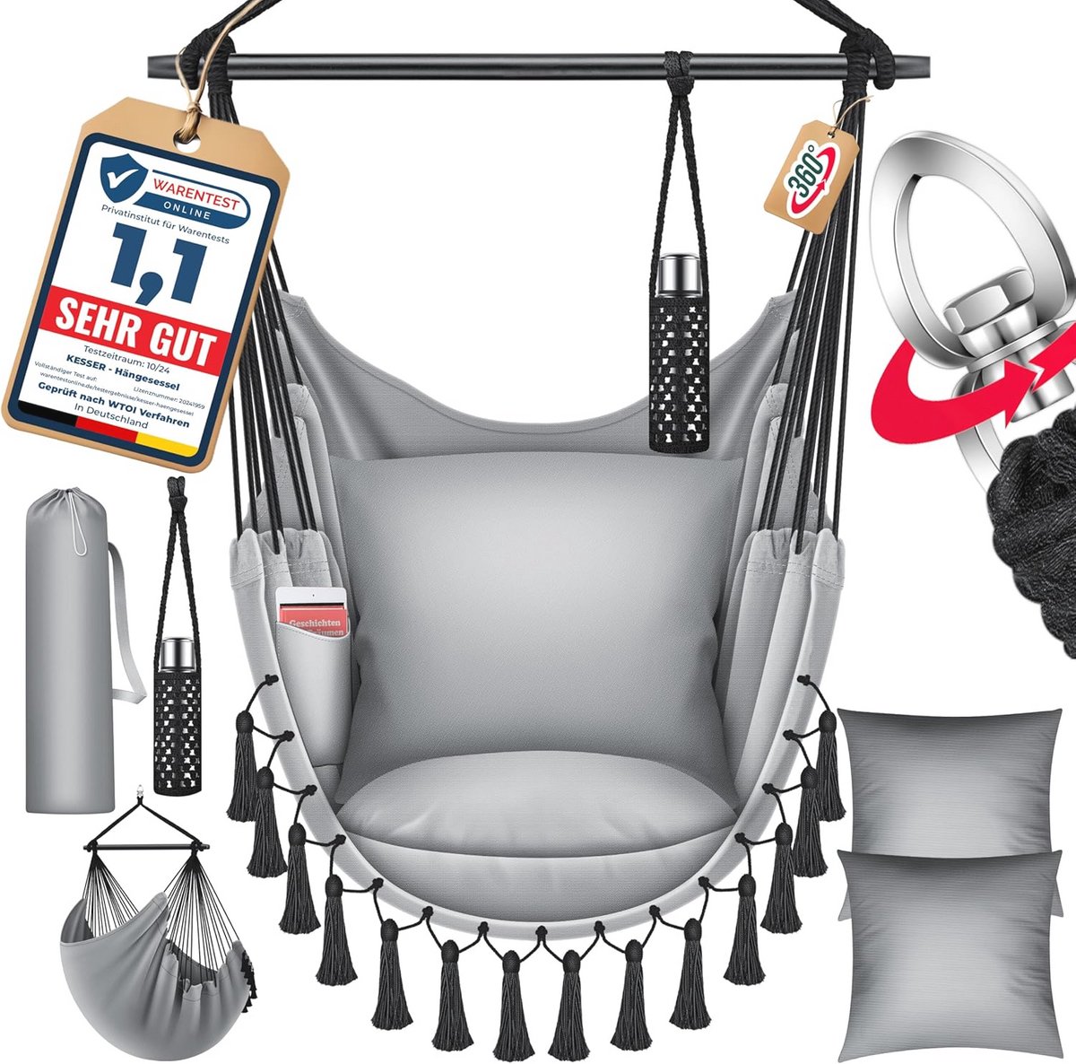 XL Hangstoel met Kussens en Bekerhouders - Voor Binnen en Buiten - Hangmat tot 150 kg - Grijs