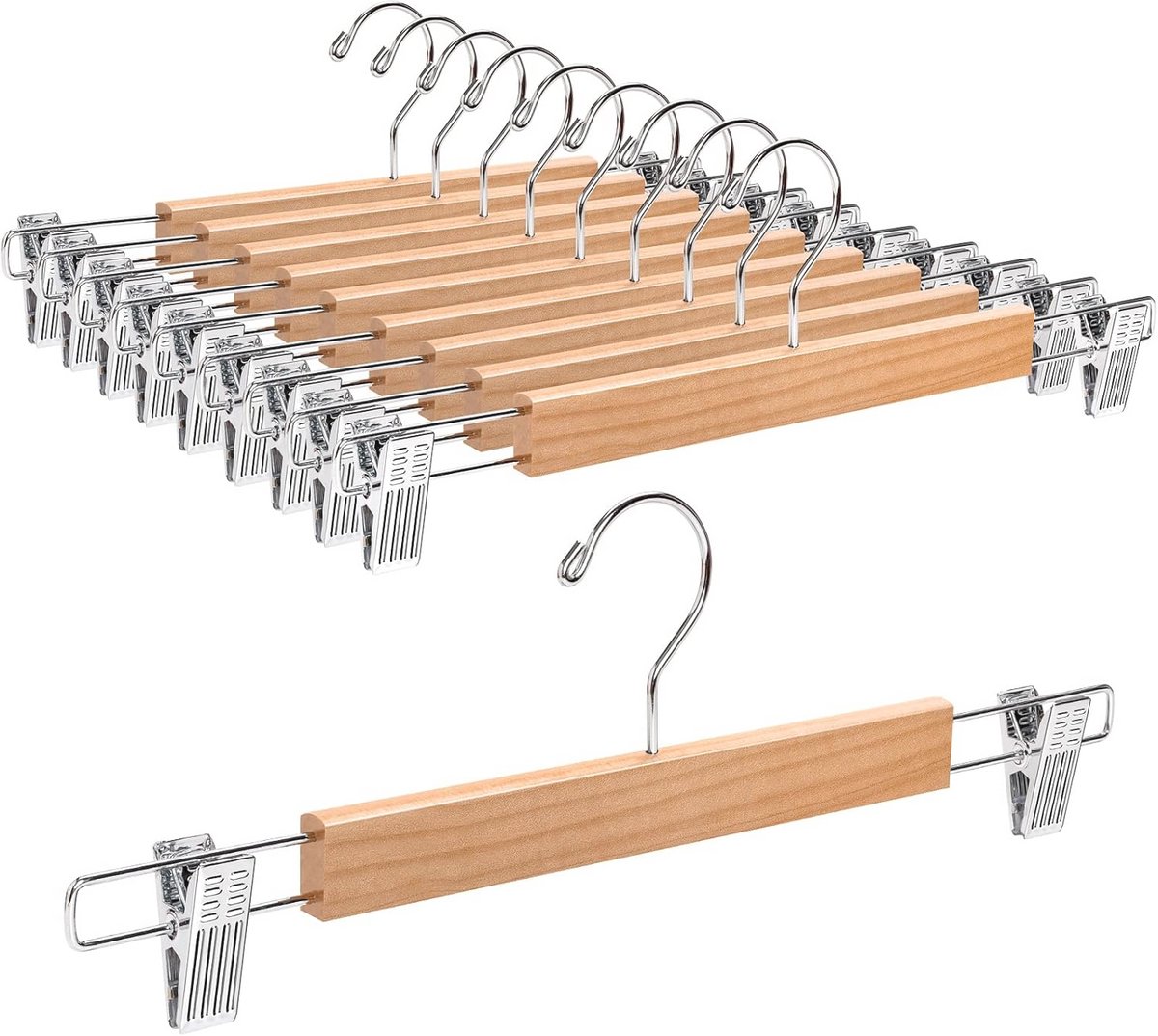 36 cm Houten Broekhangers met Verstelbare Clips - 10 Stuks Ruimtebesparende Organizer