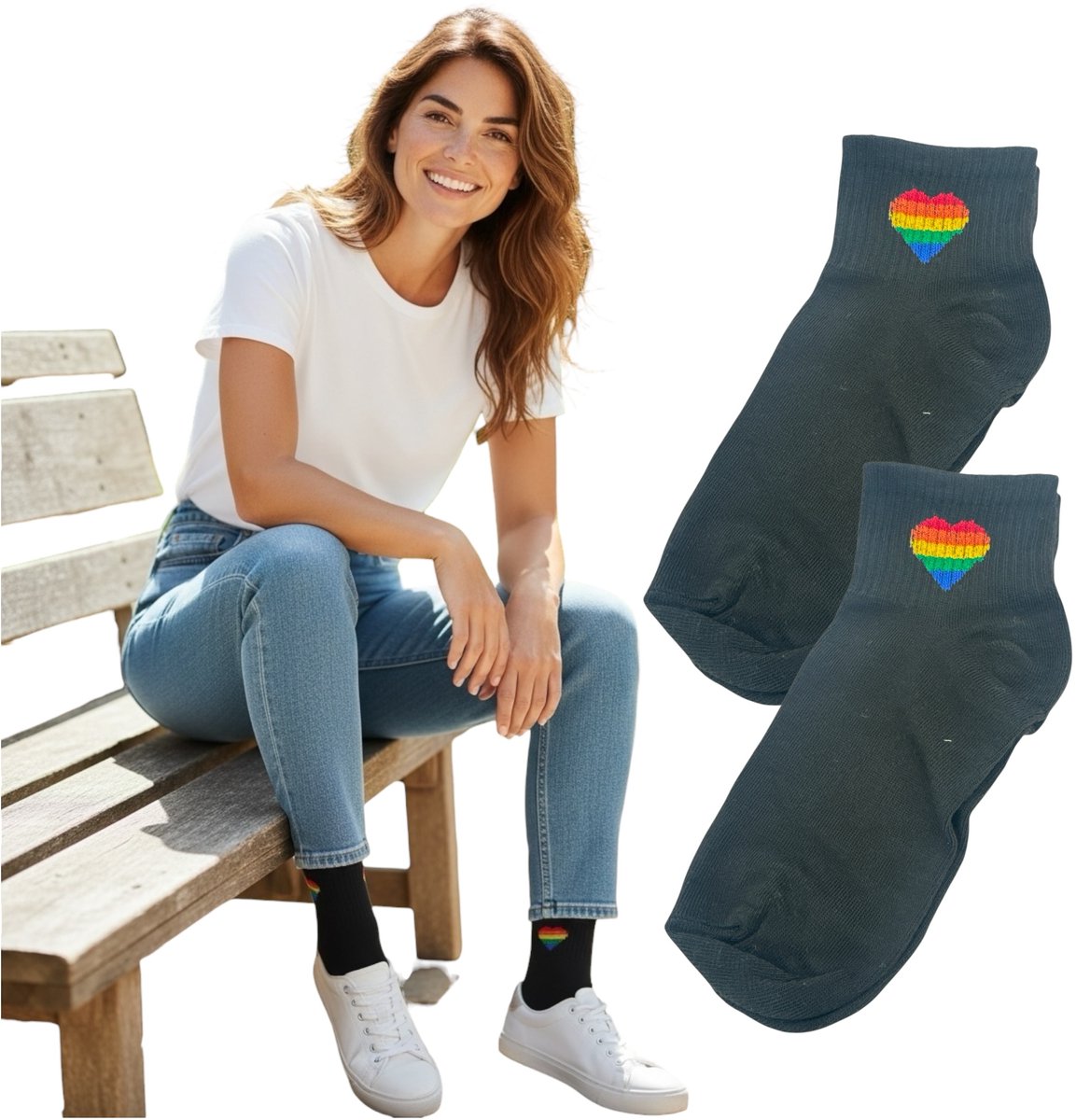 Zwarte Enkelsok met Regenboog Hart – One Size - Comfort, Stijl & Een Positieve Uitstraling 1 Paar