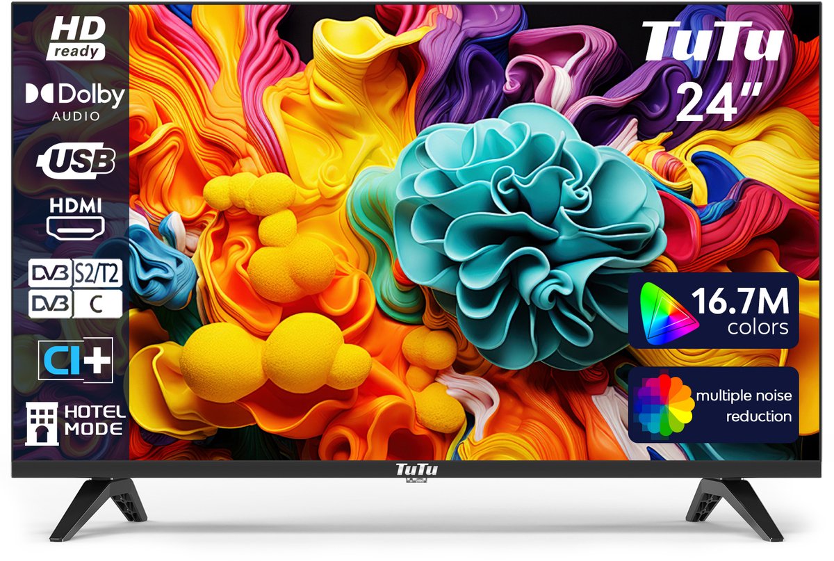 TuTu Standaard TV - LED HD - 24 inch/61 cm - Frameless Design - Triple Tuner DVB-T/T2/C/S/S2 - HDMI x1, USB x1, CI+ - TUB24F1DN - TuTu - €89,99