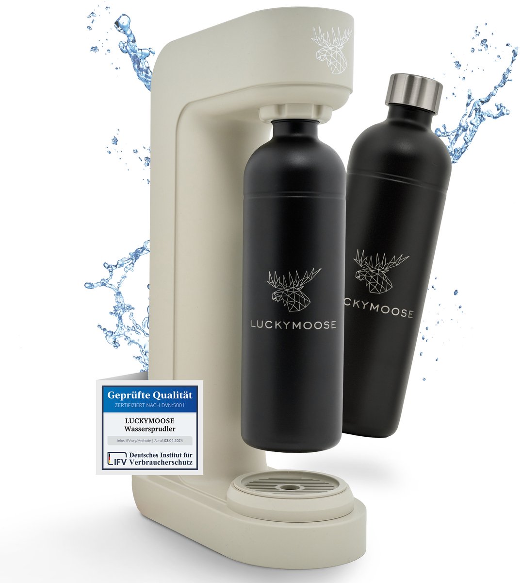 Luckymoose Bruiswatertoestel - Infinity - Soda Maker met 2x 1,25L RVS Drinkfles Zwart - Bruiswater Machine - Zand