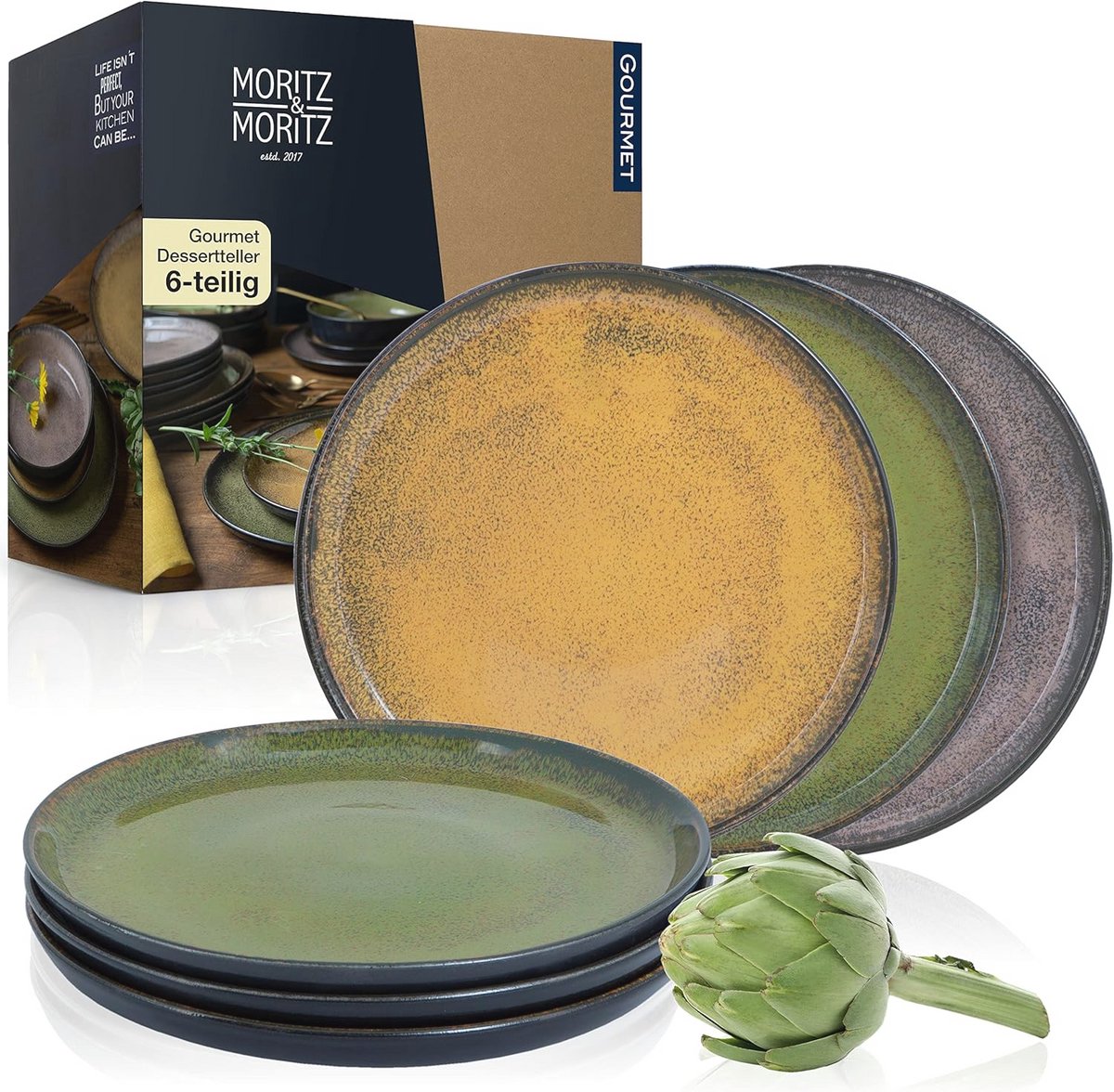 Set van 6 Vintage Dessertborden in Rood, Geel en Groen - Porselein, Vaatwasser- en Magnetronbestendig