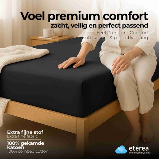 Hoeslaken etérea Extra Jersey 90x200 - 100x220 cm - Oekotex - 100% coton - jusqu'à 35 cm - Zwart