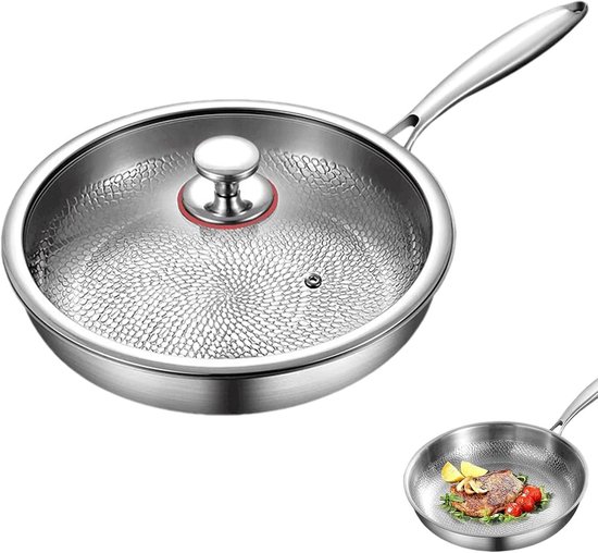 Titanium koekenpan met deksel - Titanium gehamerde koekenpan - Nieuwe titanium koekenpan - Verbeterd ongecoat kookgerei - Ultraduurzaam en krasbestendig - Bestand tegen hoge temperaturen - Geschikt voor de meeste fornuizen - 24 cm - Zilver