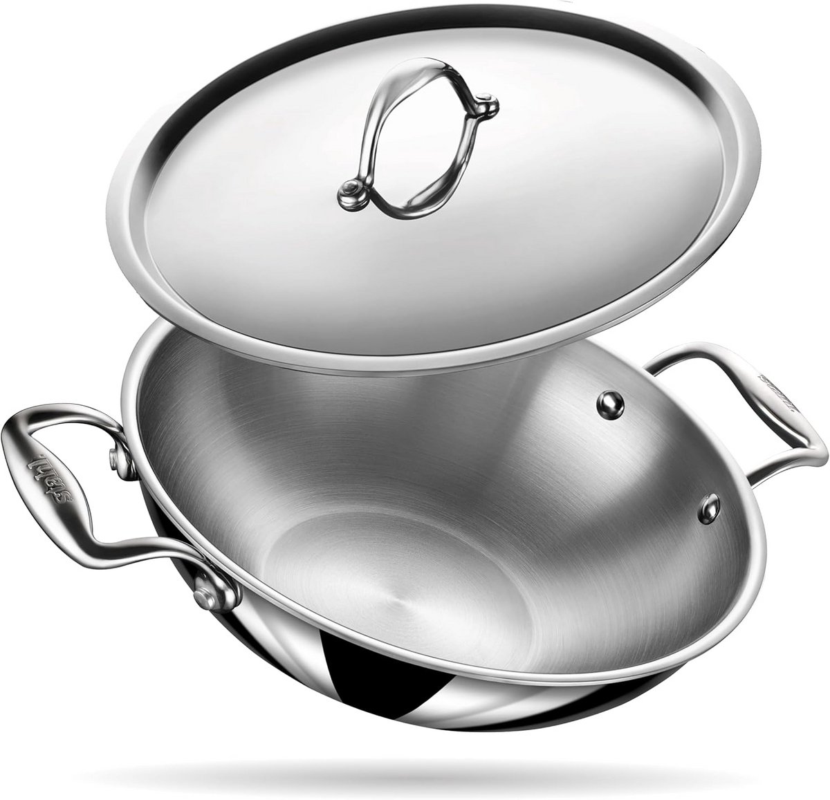 Triply Kadhai van roestvrij staal met deksel - 4,4 l - 28 cm, geschikt voor koken op inductie en gas