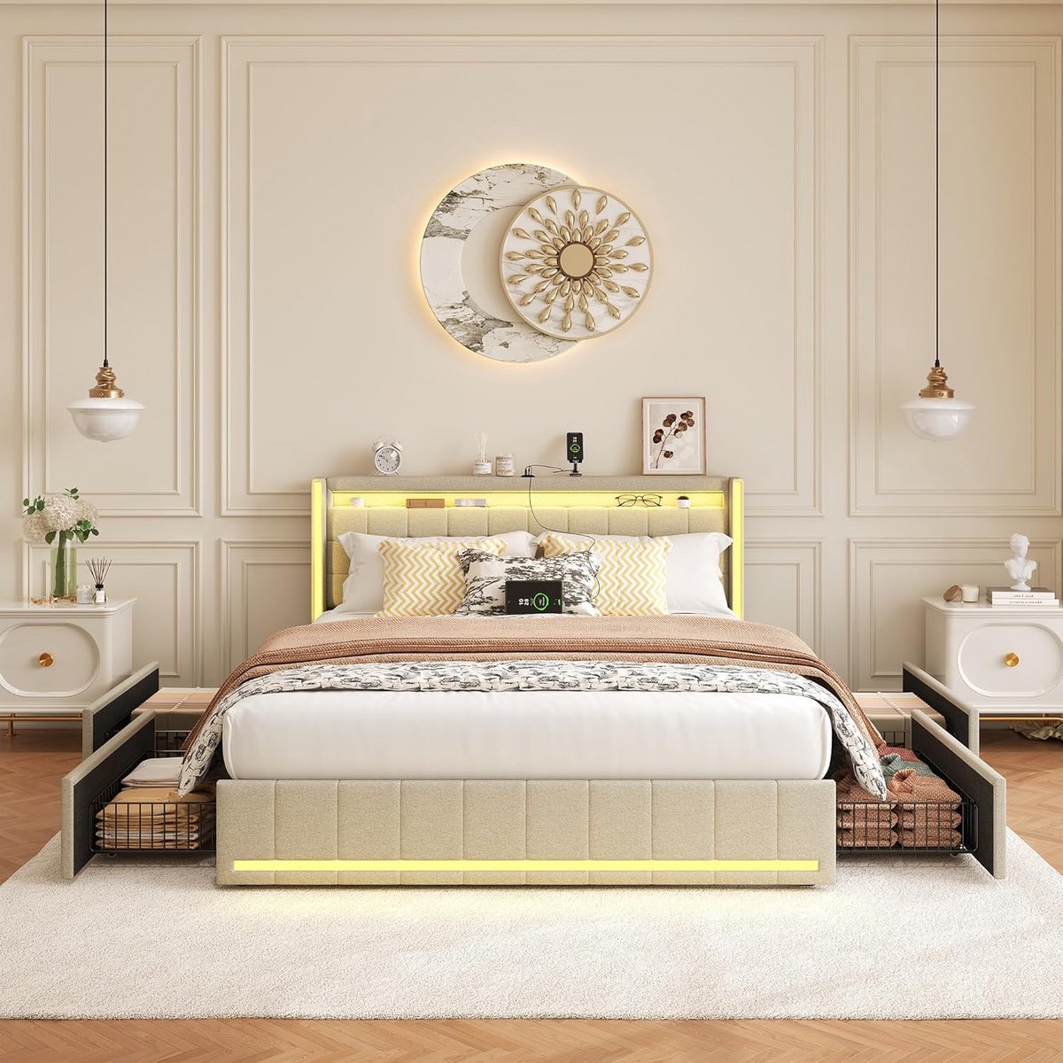 Gestoffeerd bed 140x200 cm met LED hoofdeinde, USB oplaadfunctie, 4 laden en lattenbodem
